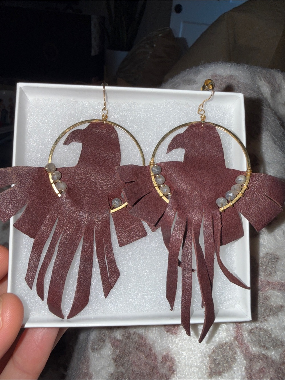Boho Burgundy leather Eagle Fringe Hoop Earrings